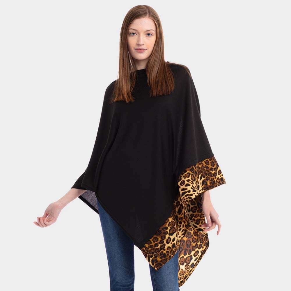Brown Black Leopard Print Trimmed Poncho Sweater Fashion Statement Accessories - Picture 3 of 3